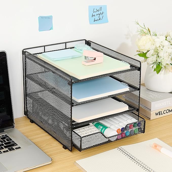OPNICE Desk Organizer, 4-Tier Desktop File Organizer with Drawer, Office Desk Accessories, File Sorters, Workspace Organizers for Office Supplies(Black Upgraded)