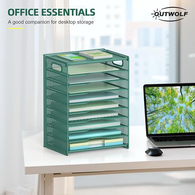 OUTWOLF 10 Tier Paper Organizer - Letter Tray Mesh Desk File Organizer with Handles for Office School Desktop, Green