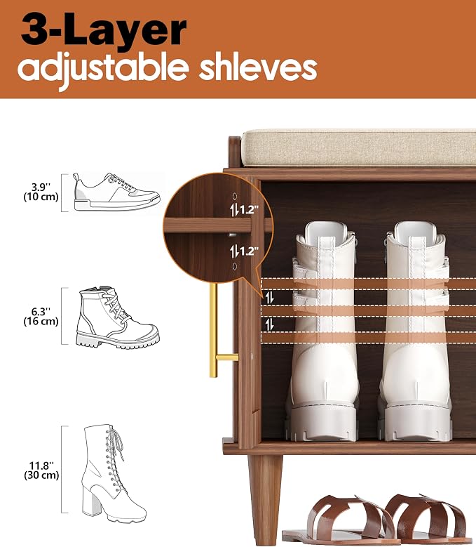 Akxomel 39.4" Rattan Shoe Storage Bench 2 Doors Entryway Bench Walnut | 2 Tier Shoe Bench with Padded Cushion, Adjustable Shelves and 2 Doors, Solid Wood Legs, for Hallway, Living Room, Bedroom