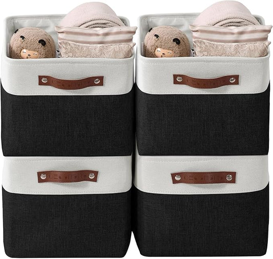 DECOMOMO Storage Bins, Large Fabric Storage Baskets for Shelves 4 Pack | 15 x 11 x 9.5 inches Decorative Linen Closet Organizers (Black & White)