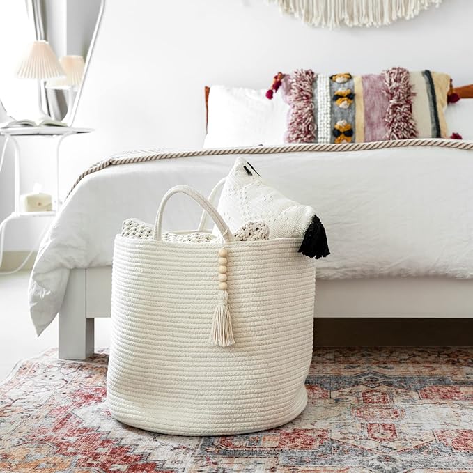 Mkono Woven Storage Basket Decorative Natural Rope Basket Wooden Bead Decoration for Blankets,Toys,Clothes,Shoes,Plant Organizer Bin with Handles Living Room Home Decor, White, 16" W × 13.8"L | White, Cotton, Decorative Basket with Handle, Wood Beads T...