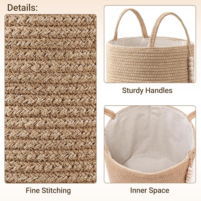 Mkono Woven Storage Basket Decorative Natural Rope Basket Wooden Bead Decoration for Blankets,Toys,Clothes,Shoes,Plant Organizer Bin with Handles Living Room Home Decor, Jute, 16" W × 13.8"L | Brown, Jute, Decorative Basket with Handle, Wood Beads Tass...