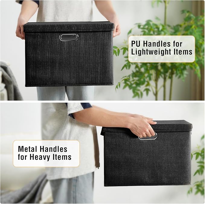 15" Large Collapsible Storage Bins with Lids, Stackable Closet Organizers with PU Handle and Labels, 3-Pack Decorative Fabric Storage Boxes for Home, Bedroom, Closet, Office, Nursery(Black)