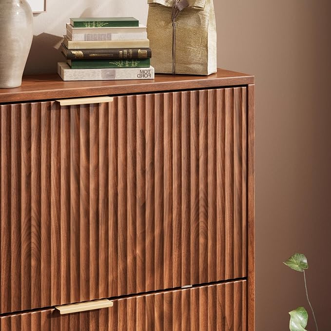 Evermagin 47.2''W Walnut Shoe Cabinet Storage for Entryway, Fluted Slim Shoe Dresser with 4 Flip Drawers, Narrow Shoe Rack Cabinet, Hidden Shoe Organizer Cabinet for Entrance, Hallway