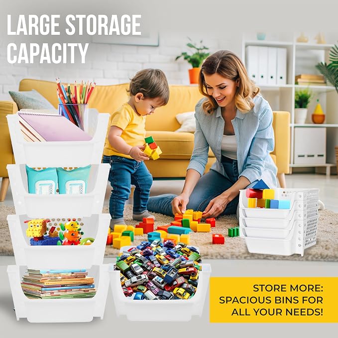 Skywin Stackable Storage Bins Open Front for Pantry Storage, 4 Pack - White | Sturdy Plastic, Easy Stacking, Breathable & Open Front Design, Pantry Storage for Snacks, Toiletries, and Small Essentials
