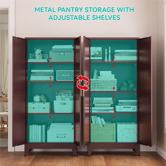 Metal Storage Cabinet with Doors and Adjustable Shelves | 61" Tall Pantry Cabinet for Kitchen Dining Room Bathroom Garage,Reddish Brown,1 Pce