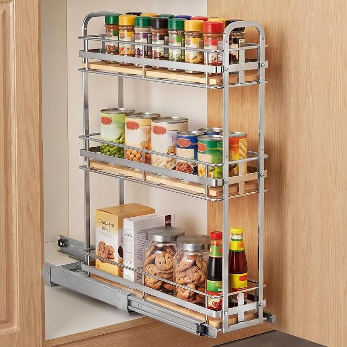 VEVOR Pull Out Spice Rack Organizer for Cabinet, 3 Tier Slide Out Spice Rack Organizer, Height Adjustable Heavy Duty Metal Seasoning Kitchen Basket for Cabinets, 5.75" W x 20.98" D x 21.34" H, Silver