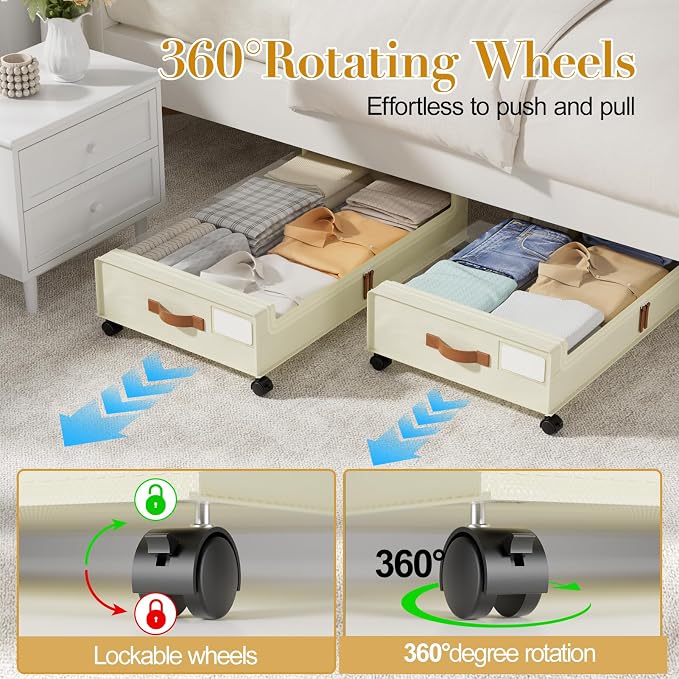 Yecaye Under Bed Storage with Wheels, 4 Pack Under the Bed Storage Containers with Lids & Label, XXL 60 L Rolling Underbed Storage Drawers for Clothes, Blankets, Shoes, Beige