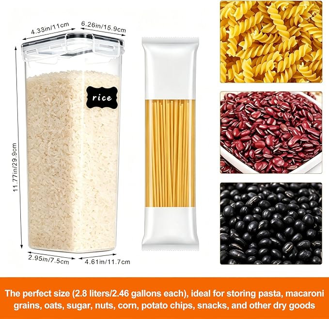 4pk 2.8L Airtight Containers, Clear Stackable Dry Food Storage | 4pk 2.8L airtight canisters with sealed lids block moisture. Sturdy plastic, stackable for kitchen pantry dry food