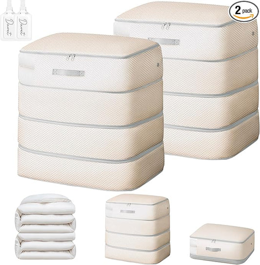 Comforter Storage Bag - 130L Large Capacity Blanket Storage Bags 4-Layer Ultra Space Saving Self Compression Organizer, Washable Compression Bags for Storage Comforter Blanket, 2-Pack, Beige
