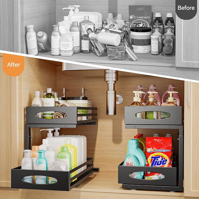 mixeshop Under Sink Organizer, 2 Tier Under Sink Organizers and Storage, Adjustable Height, Slide out Metal Cabinet Organizers, Pull out Cabinet Storage Drawer Shelf for Kitchen Bathroom (Black, 2)