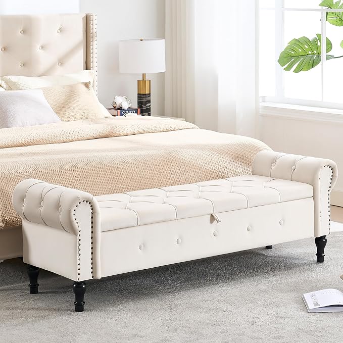 Storage Bench 67" Linen End of Bed Benches Beige | King Size Storage Bench for Bedroom with Rolled Arms Tufted Ottoman Benches Upholstered Bench for Living Room Entryway