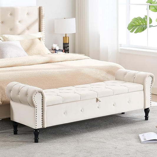 Storage Bench 67" Linen End of Bed Benches Beige | King Size Storage Bench for Bedroom with Rolled Arms Tufted Ottoman Benches Upholstered Bench for Living Room Entryway