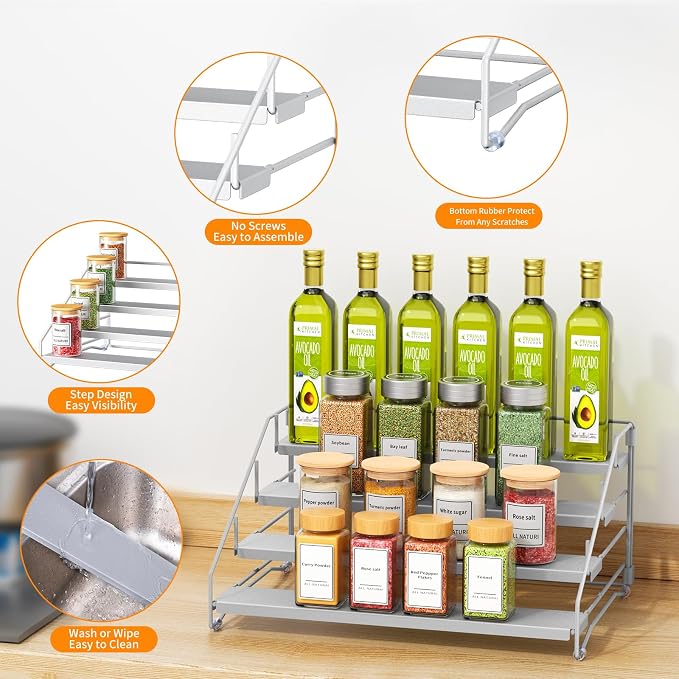 2 Pack Spice Rack Organizer for Cabinet, Depth Adjustable 4 Tier Spice Rack | Silver, Metal Spice Organization for Cabinet, Easy Visibility, Tiered Spice Rack Perfect for Cabinet, Pantry and Countertop