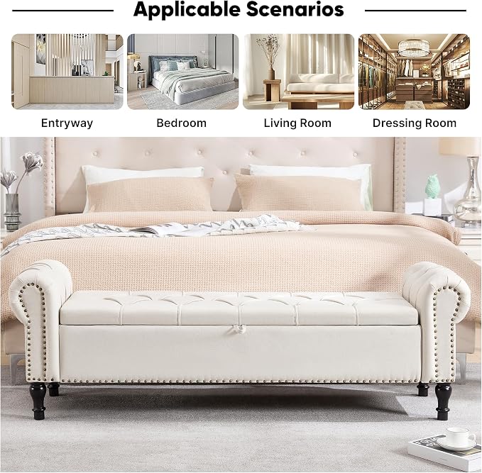 67 Inch Storage Bench for Bedroom, King Size End of Bed Bench, Upholstered Bench with Rolled Arms, Linen Tufted Button Storage Ottoman Benches, Living Room, Entryway, Cream Beige