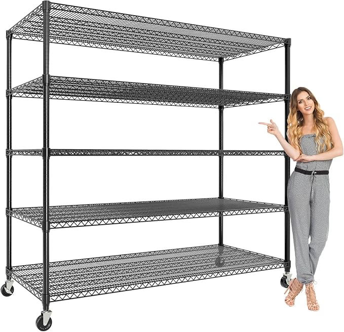 Garvee 3300LBS 5 Tier Metal Shelving with Wheels,82"H Storage Shelves,Black | 59"Wx23.6"D, Heavy-Duty 660 lbs Per Shelf, Adjustable Wire Shelving Units, Leveling Feet,for Garage Kitchen Warehouse