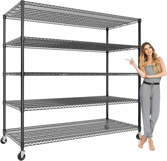 Garvee 3300LBS 5 Tier Metal Shelving with Wheels,82"H Storage Shelves,Black | 59"Wx23.6"D, Heavy-Duty 660 lbs Per Shelf, Adjustable Wire Shelving Units, Leveling Feet,for Garage Kitchen Warehouse