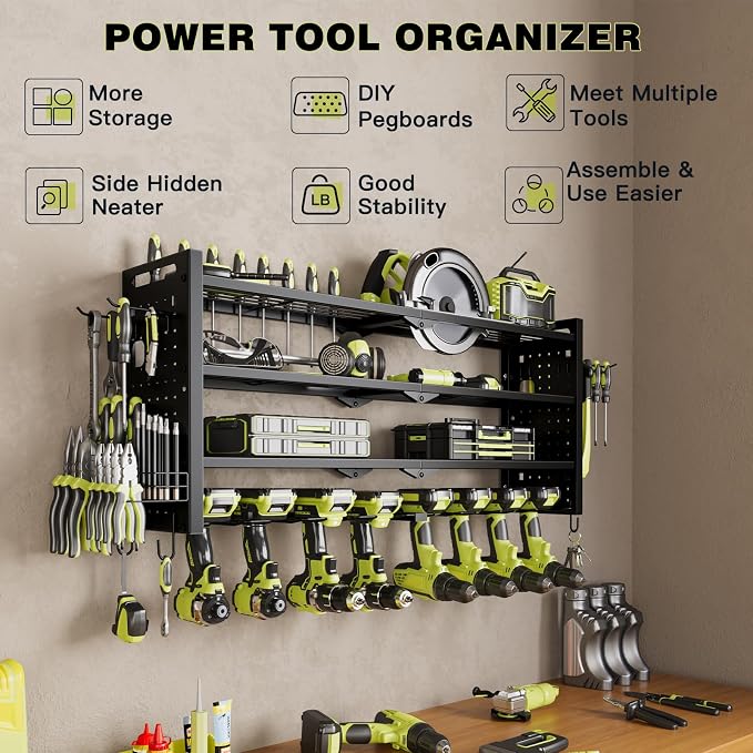NattyDot Power Tool Drill Holder Wall Mount, 4Tier Garage Organizer, Black | 4-tier Utility Rack Stores 8 Cordless Drills, Batteries and Accessories while Freeing Extra Garage Wall Storage Space