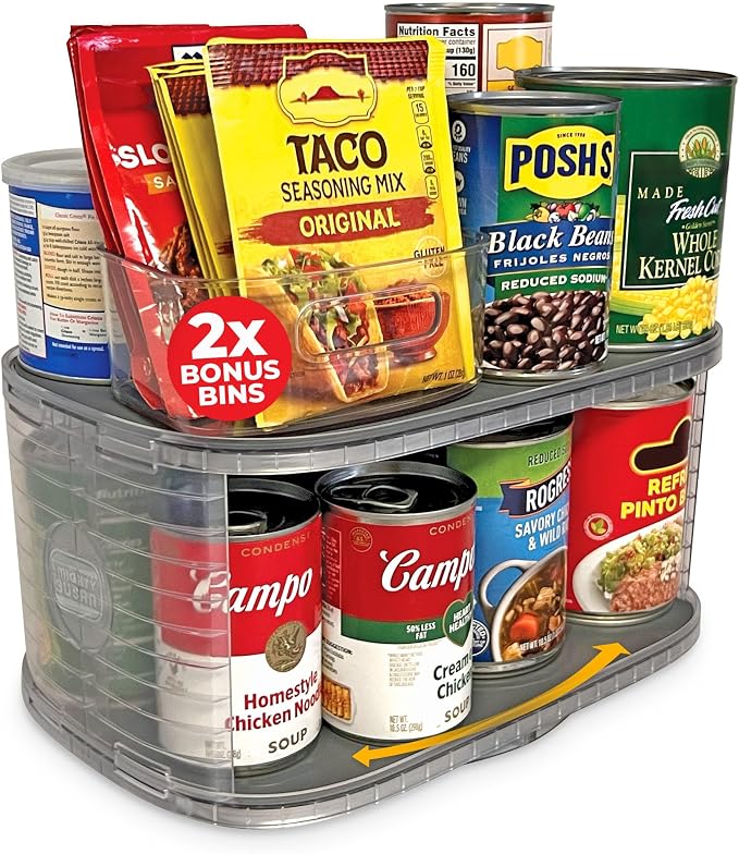 2-Tier Lazy Susan Pantry Organizer – Steel Reinforced Turntable for Kitchen Cabinets & Pantry Storage – Heavy-Duty Can Organizer Holds Up to 30 lbs – Rotates 360° – Includes 2 Bonus Bins