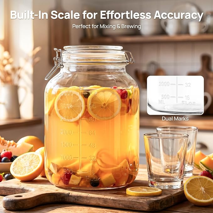 Vtopmart 1.1 Gallon Glass Storage Jars with Airtight Clamp Lids, 2 Pack | 140oz Square Canisters with Wide Mouth, Measurement Marks, Large Food Container for Flour, Sugar, Rice, Pickling, Fermenting
