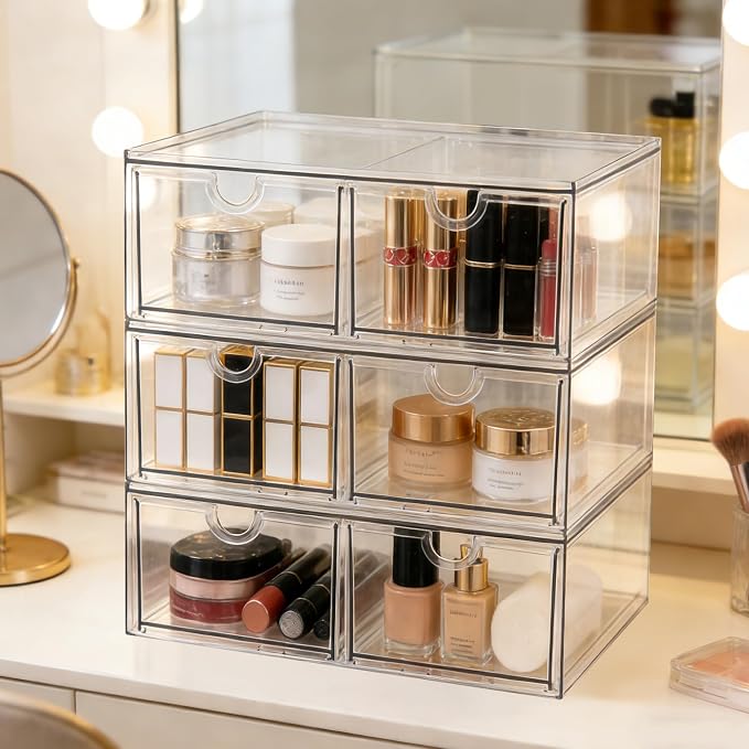Prsildan 6 Small Drawers Stackable Storage Drawer Clear Acrylic Organizer | Makeup Organizers, Vanity Bathroom Kitchen Cabinets Under Sink Home Organization, 3 Pack