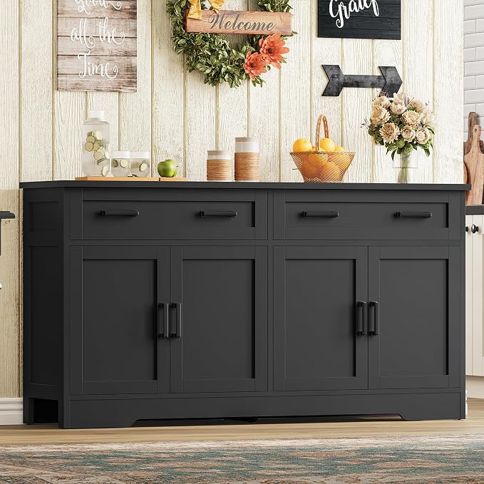 usikey 55" Buffet Cabinet with Storage and Drawers, Large Sideboard Buffet Cabinet with Adjustable Shelves and Doors, Modern Coffee Bar for Kitchen, Living Room, Black