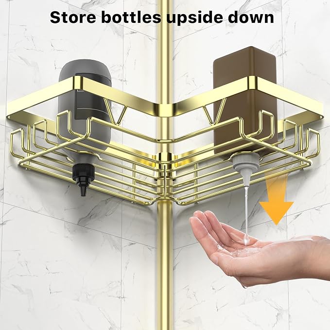KEGII Corner Shower Caddy Tension Pole, Bathroom Storage Rack, Gold | Stainless Steel 4-Tier Shower Shelf with Hooks and Soap Holder, Waterproof Rustproof Organizer for Renters and Families