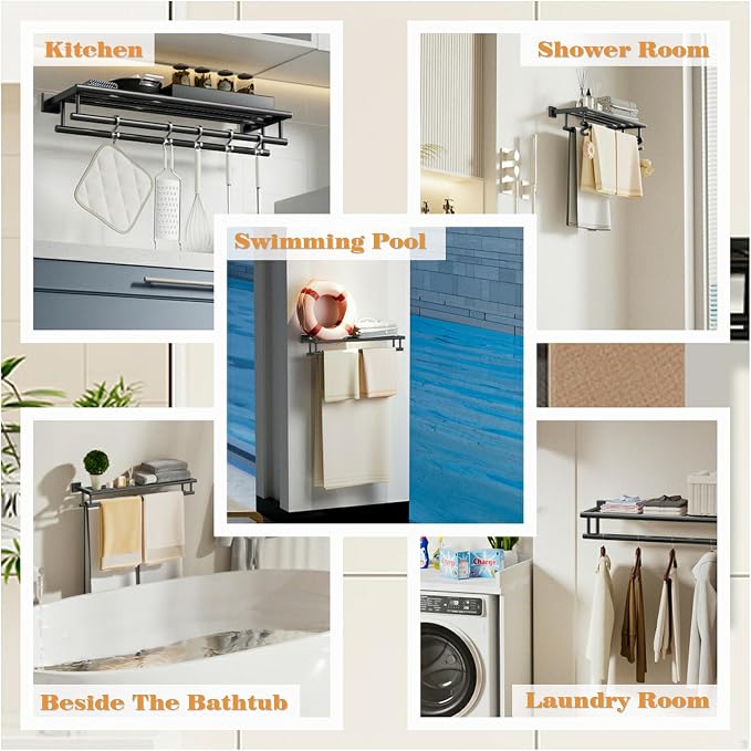 Alise Double Towel Rack for Bathroom Wall Mounted 16 Inch,Matte Black | Bathroom Tower Holder Towel Shelf with Double Towel Bars,SUS304 Stainless Steel Towel Rack with Shelf for Lavatory Kitchen
