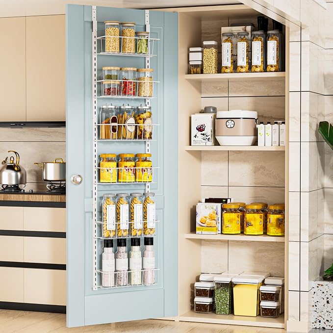 Delamu Pantry Door Organizer, Adjustable Metal Over the Door Pantry Organizer Rack, 6-Tier Over the Door Spice Rack, Kitchen Pantry Door Organizers and Storage, D5 W12 H52.1 inch, White, Small