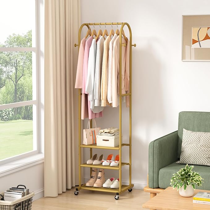 Kaitiemoo Clothing Rack, Mobile Garment Rack with Wheels & 3 Shelves, Gold | Heavy Duty Frame, Fits Small Spaces, 71.8 Inches Display Rack, Easy to install, Gold clothes rack