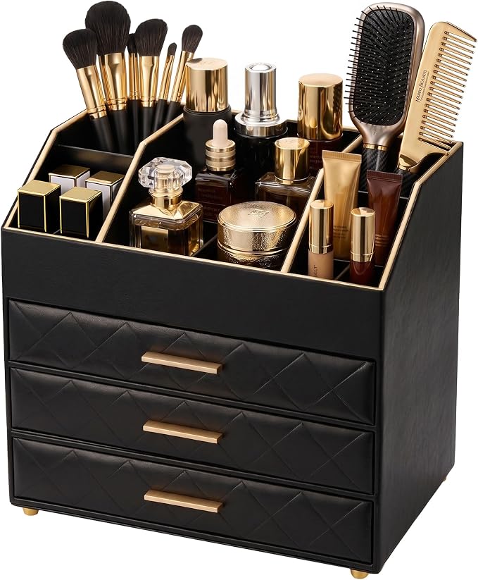 Lolalet 4-Layer PU Leather Makeup Organizer for Cosmetic Vanity -Black | Large Bedroom Dsek Countertop Cosmetic Organizer with Brush Holder, Skincare Storage for Lipsticks, Nail Polish, Perfume