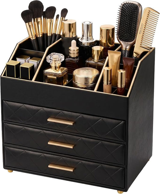 Lolalet 4-Layer PU Leather Makeup Organizer for Cosmetic Vanity -Black | Large Bedroom Dsek Countertop Cosmetic Organizer with Brush Holder, Skincare Storage for Lipsticks, Nail Polish, Perfume