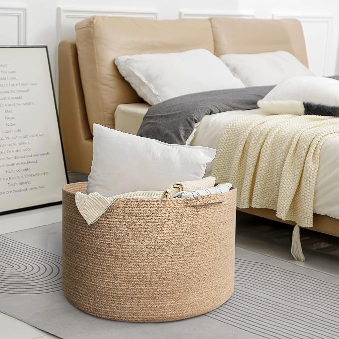 Extra Large Storage Basket, 22”x14” Woven Cotton Rope Basket, Big Kids Dog Floor Toy Bin, XXL Blanket Pillow Holder for Living Room Bedroom, Brown Variegated Round Baskets for Organizing