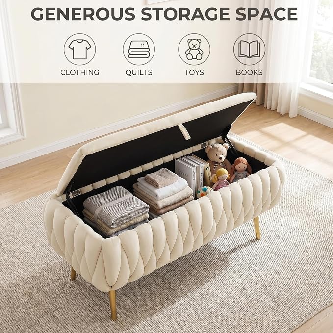 Bench for Entryway 41.3", Bedroom Benches for Foot of Bed, Ottoman with Storage for Bedroom, Upholstered Rectangular Ottoman for Living Room, Entryway, Holds up to 450 lb (White-A)
