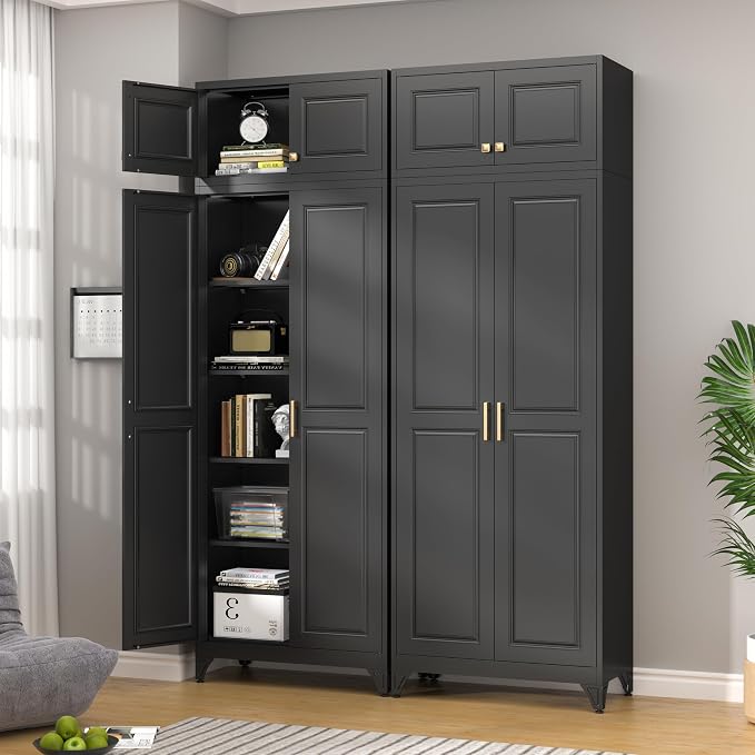 32" Wall Storage Cabinet with 2 Doors & Gold Handle | Black Metal, Hanging Design, for Bathroom, Kitchen, Rust-Resistant, Anti-Tip, Easy Assembly, Hardware Included