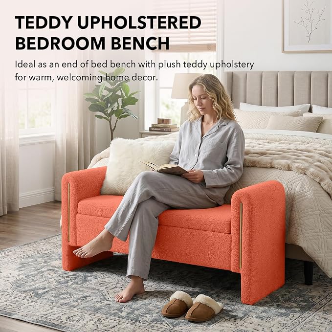 52" Flip-Top Storage Ottoman Bench, Teddy Entryway Bench (Orange) | Teddy Fleece Upholstered End of Bed Bench with Armrests, Soft Padded Window Bench for Living Room Bedroom Entryway