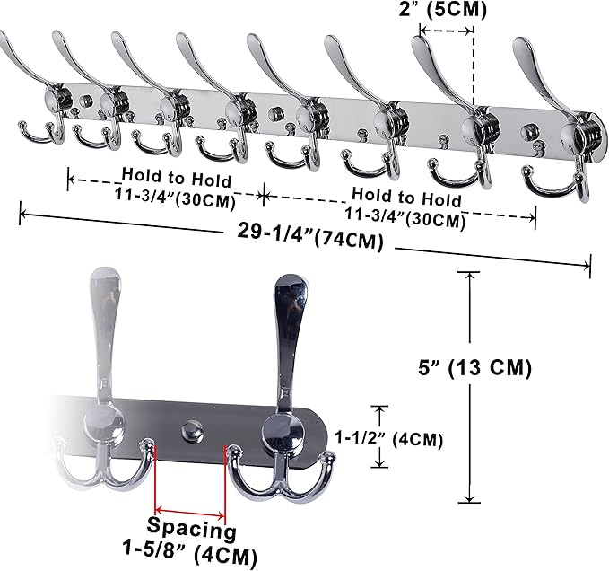 Dseap Coat Rack Wall Mount - 29.5” Long 8-Tri-Hooks Heavy Duty Coat Hanger Rail Wall Hooks for Hanging Coats Hats Clothing Clothes Purse Mudroom Entryway, Chromed, Pack of 2