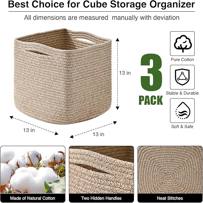 ICERZCZ 13 Inch Cube Closet Storage Bins, Woven Cotton Rope Organizer Baskets for Organizing & Shelves, Books, Towels, Clothes, Toys, 13x13x13 in, Brown (Pack of 3)