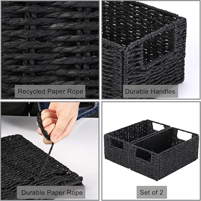 Vagusicc Wicker Storage Basket, Set of 2 Hand-Woven Paper Rope Wicker Basket, Small Storage Baskets for Organizing Toilet Paper Baskets, Foldable Large Cube Storage Organizer Bin for Shelves (Black)