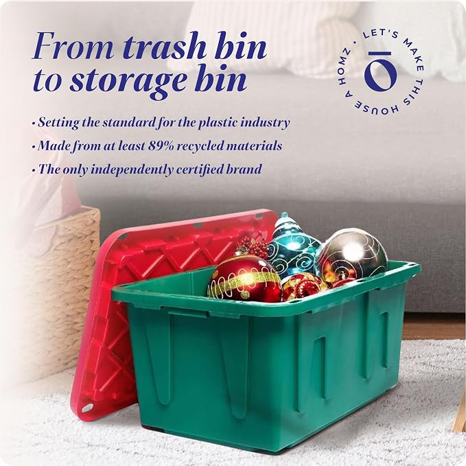 HOMZ Durabilt Plastic Storage Bins with Lids, 27 Gal, Red/Green, 4 Pack | Heavy-Duty Large Stackable Container Seasonal Boxes for Home, Attic, and Garage Organization