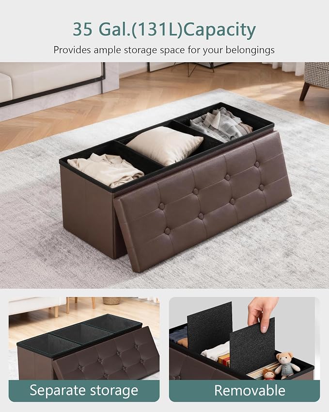 LITZFUR 43" Storage Ottoman Bench, Folding Faux Leather Chest, Brown | Stroage Box with 2 Dividers, Foot Rest Stool, Padded Seat for Bedroom, Entryway, Living Room