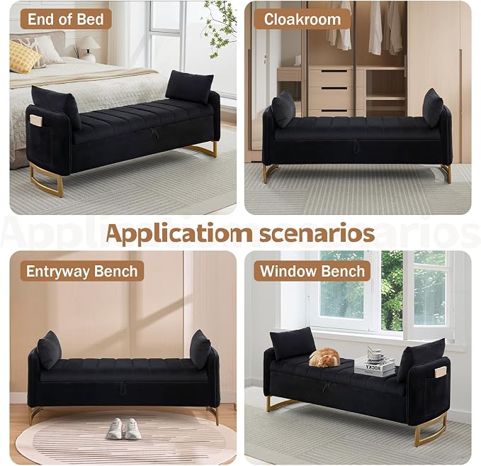 66" End of Bed Storage Bench King Size, Velvet Storage Benches for Bedroom Foot of Bed, Upholstered Storage Ottoman Bench with Golden Legs and Pillow for Living Room Window Entryway, Black