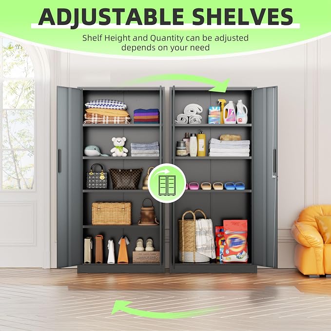 INTERGREAT Metal Storage Cabinet, 72" Locking Steel Cabinets with 2 Door and 4 Adjustable Shelves, Tall Metal Cabinet for Home Office, Garage, Warehouse,(Black+Grey)
