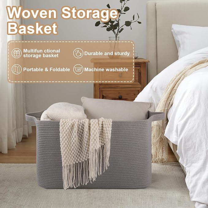 OIASKET Extra Large Blanket Basket, 24" x 16.9" x 14.2" Woven Storage Basket for Living Room, Rectangle Nursery Blanket Storage for Toys, Towels, Dirty Clothes (Light Grey)