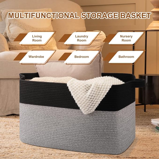 Extra Large Laundry Basket, 95L Blanket Basket for Living Room, Cotton Rope Toy Storage for Kids, Woven Storage for Clothes, Towels, Pillows, 24" x 17" x 14", Pink and White