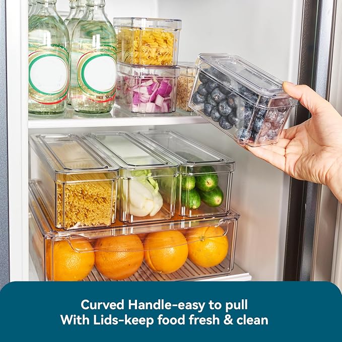 10 Pack Fridge Organizers and Storage, Clear Fridge Organizer Stackable | Fridge Organizer Bins with Lids, Refrigerator Storage Containers for Kitchen, Food, Cabinets, Fruits, Vegetables