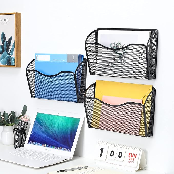 6 Pockets Wall File Organizer Metal Mesh Hanging Document Paper Holder Wall Mount Magazine Rack for Business Home Office Classroom, Black
