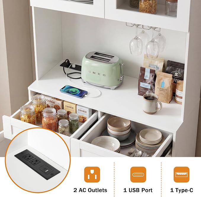 Merax 75" Tall Bookcase,Arched Pantry Cabinet with Adjustable Shelves | Farmhouse Bookshelf Coffee Bar with Charging Station Open Countertop for Office,Kitchen,Dining Room,Living Room,White