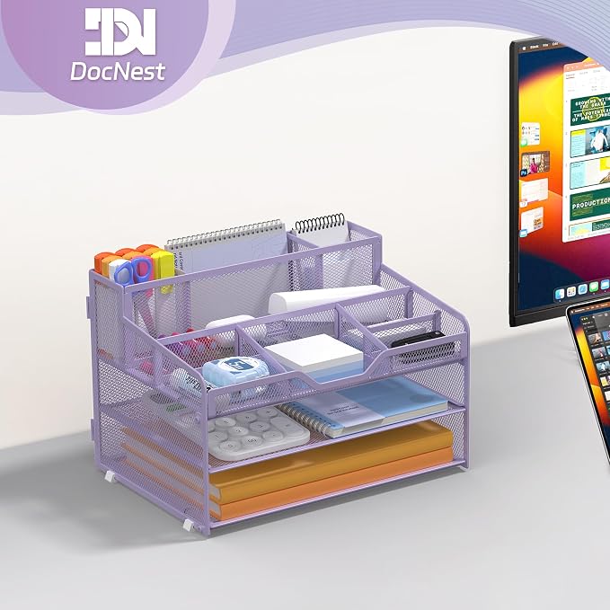 Docnest 3 Tier Mesh Desk Organizer with Letter Tray & Paper Sorter, Purple | Features 3 built-in pen holders & 5 adjustable compartments on top. Includes 4 non-slip rubber feet for desk protection