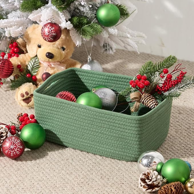 MiniArk Small Storage Baskets for Organizing | Closet Organizer Bins | Shelf Toy Basket | Woven Rope Baskets | Cube Decorative Box | Shallow Basket | 13x8.5x5.1” | 3 Packs Green